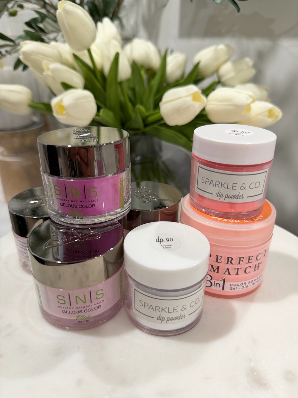 Sparkle & Co., Perfect Match, and SNS Pink & Peach Dip Powder Nail Set